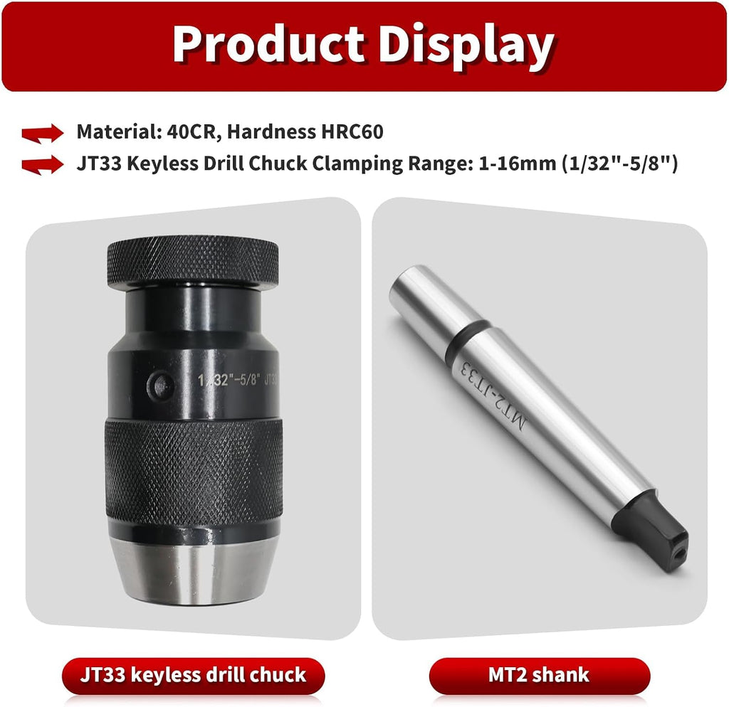 Nakkaa 1/32"- 5/8" MT2 Shank Heavy Duty JT33 Keyless Drill Chuck