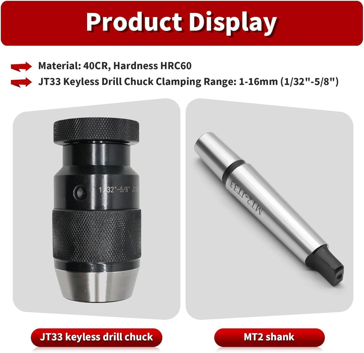 Nakkaa 1/32"- 5/8" MT2 Shank Heavy Duty JT33 Keyless Drill Chuck