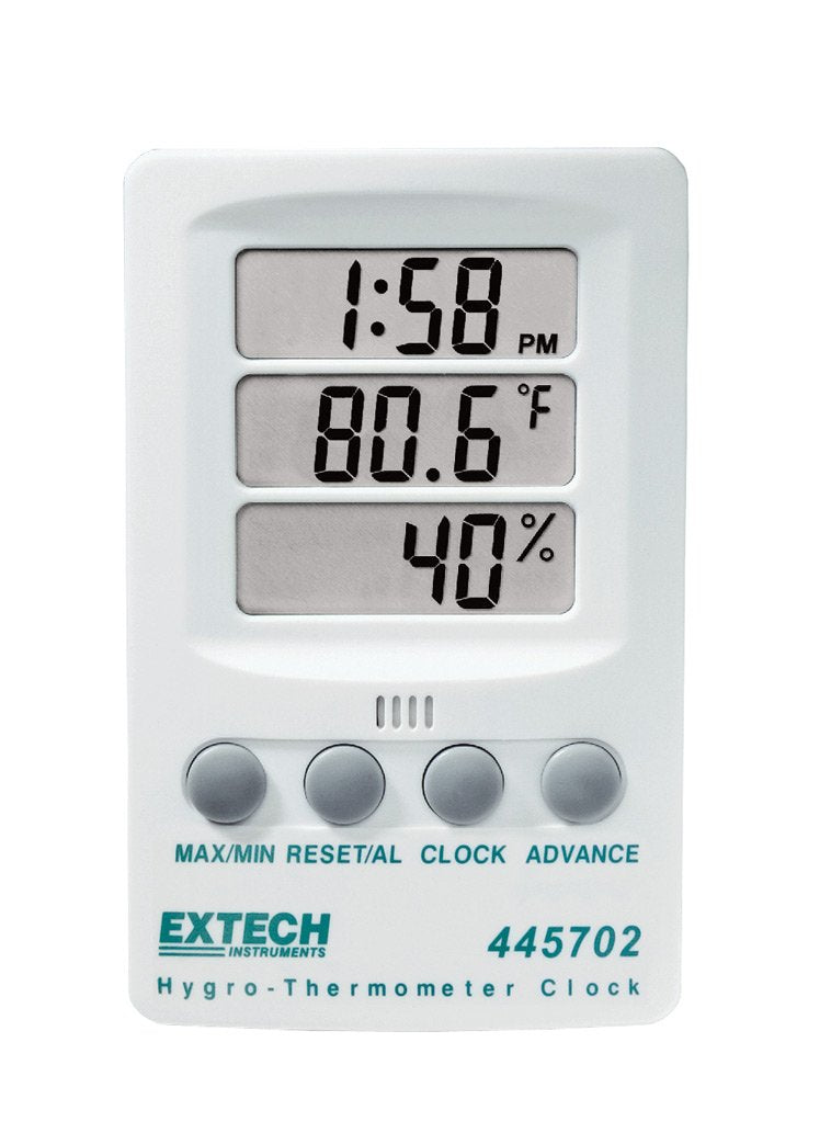 Extech 445702 Hygro-Thermometer Clock, Humidity, Temp, Triple LCD