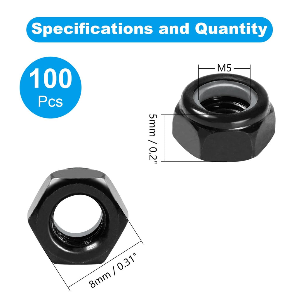 100Pcs M5 x 0.8mm Nylon Insert Hex Lock Nuts Locknuts