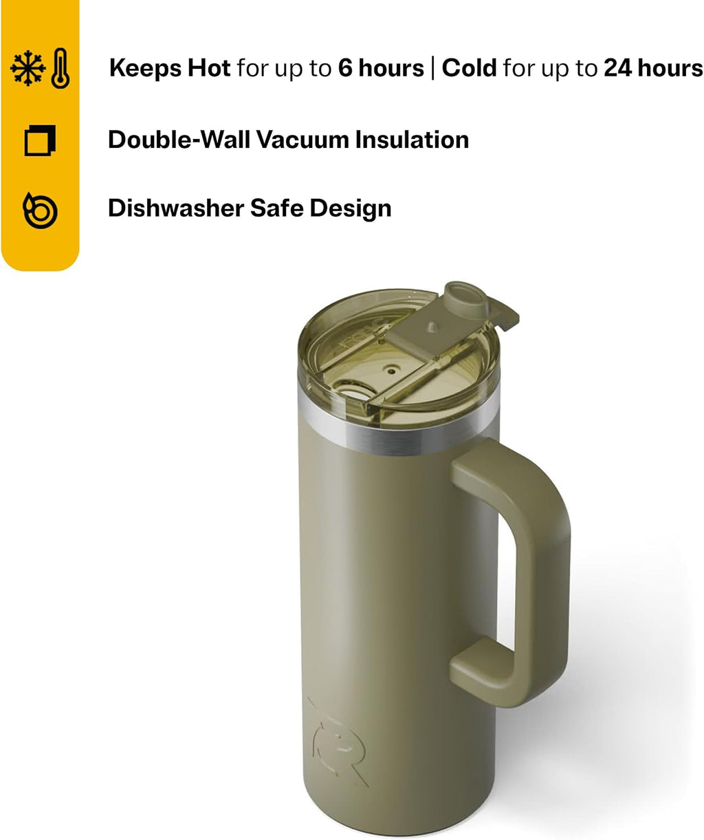 20oz Road Trip Travel Mug with Lid and Handle, Ceramic Lined, Insulated, Stainless Steel, Metal, Double Wall