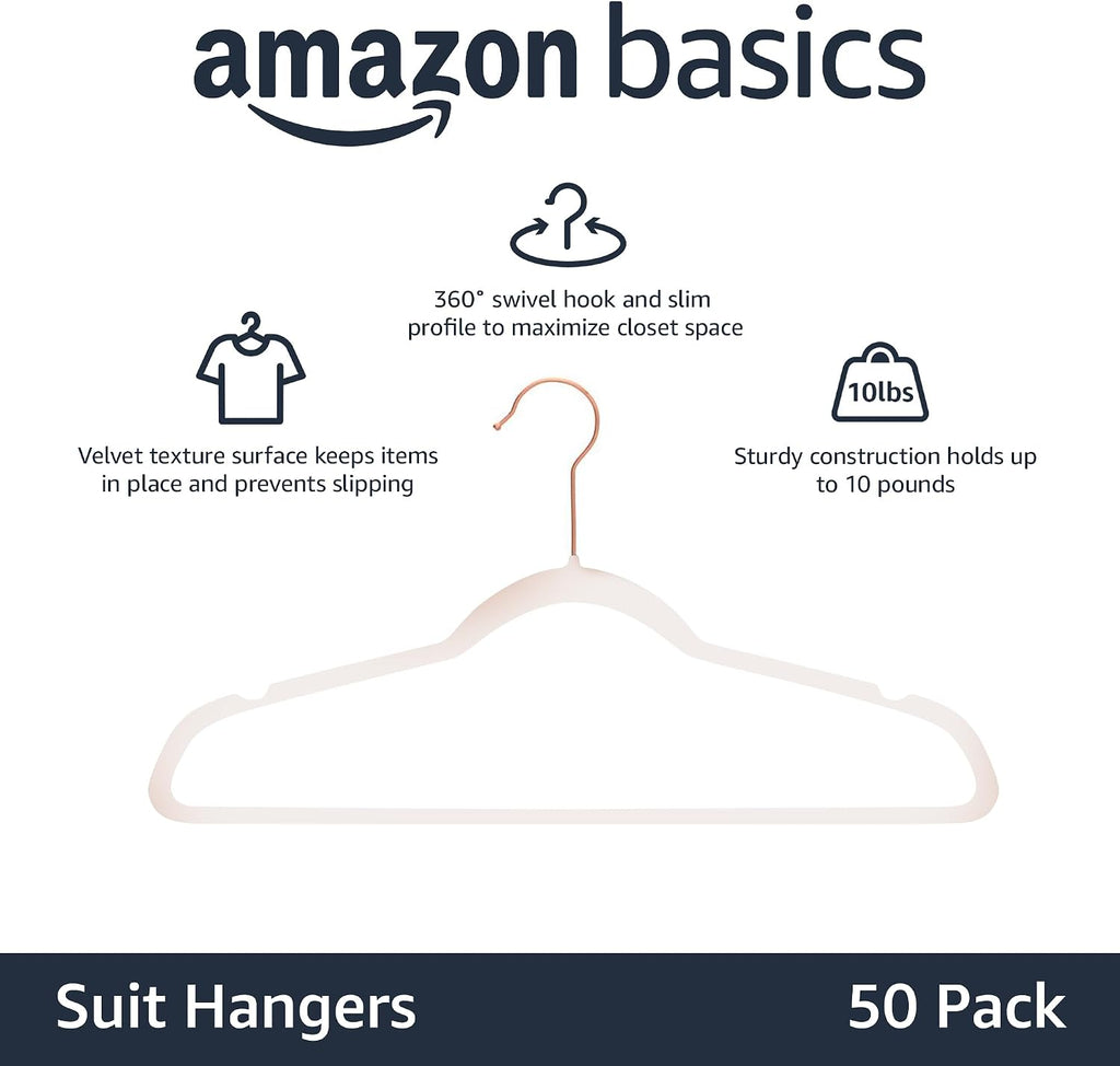 Space Saving Slim Velvet Non-Slip Suit Clothes Hangers, Sturdy Construction, Closet Organizer, Pack of 50, Blush