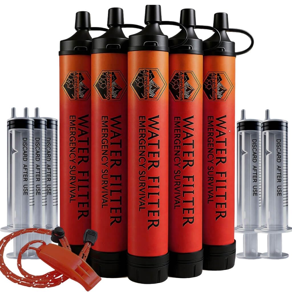 5-Pack Personal Water Filter Straw with Emergency Whistle, Portable Reusable Survival Filter for Family Camping