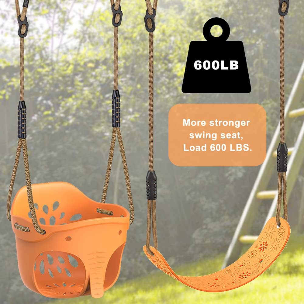Toddler Swing Set Accessories, High Back Full Bucket Swing Seats with Adjustable Rope and 4 Locking Carabiners, Cute