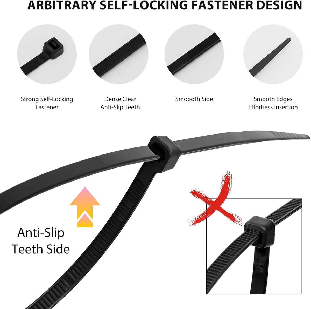 Zip Ties Assorted Sizes(4”+6”+8”+12”), 2000 Pack,Black Cable Ties,Multi-Purpose Self-Locking Nylon Cable Cord