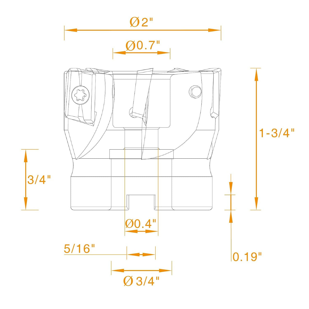 90 Degree Indexable Face Mill with 5 Pcs Carbide Inserts, 2" Cutting Diameter