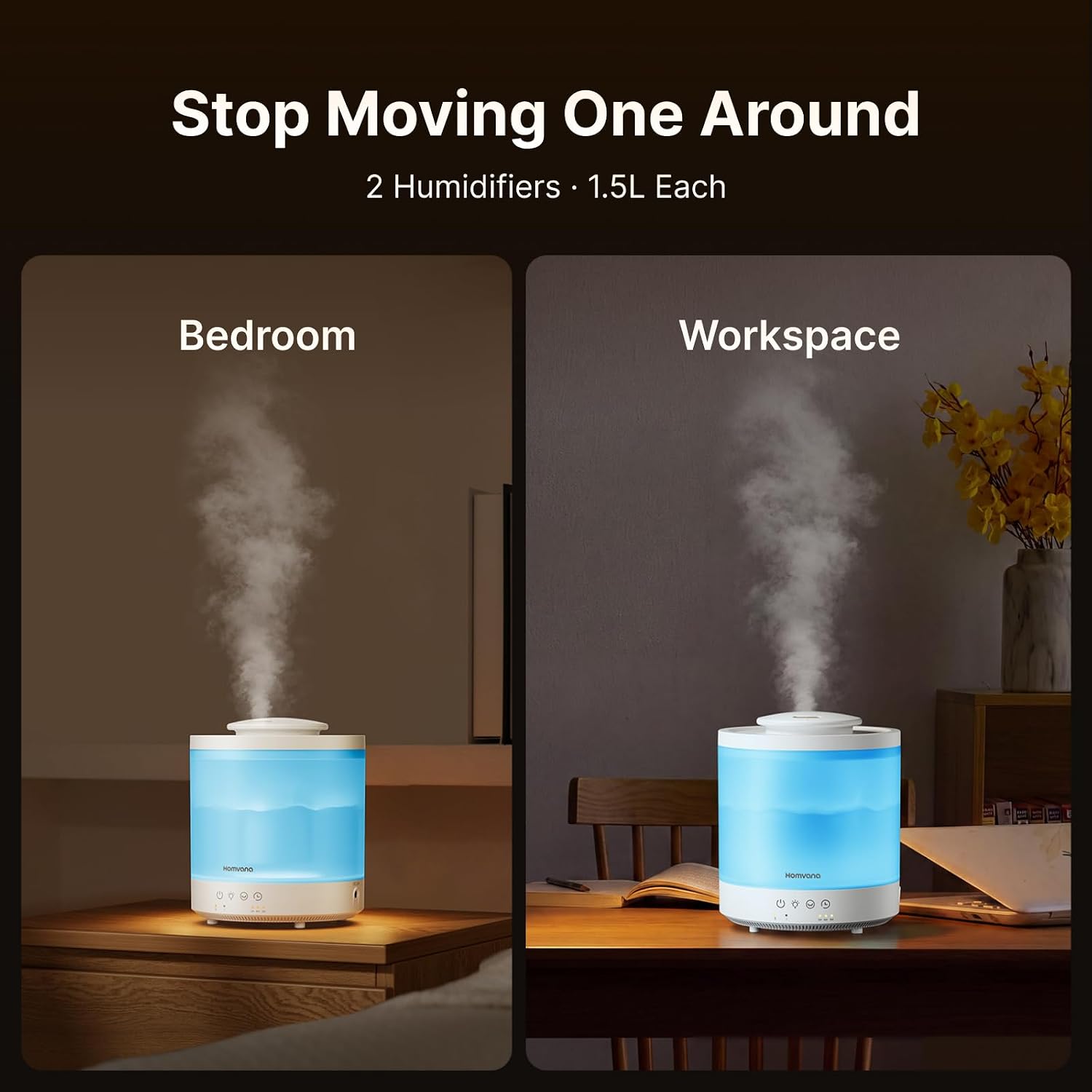 Humidifiers for Bedroom, Large Room, 1.5L Top-Fill, 2 Packs | 3 in 1 Ultrasonic Humidifier Oil Diffuser for