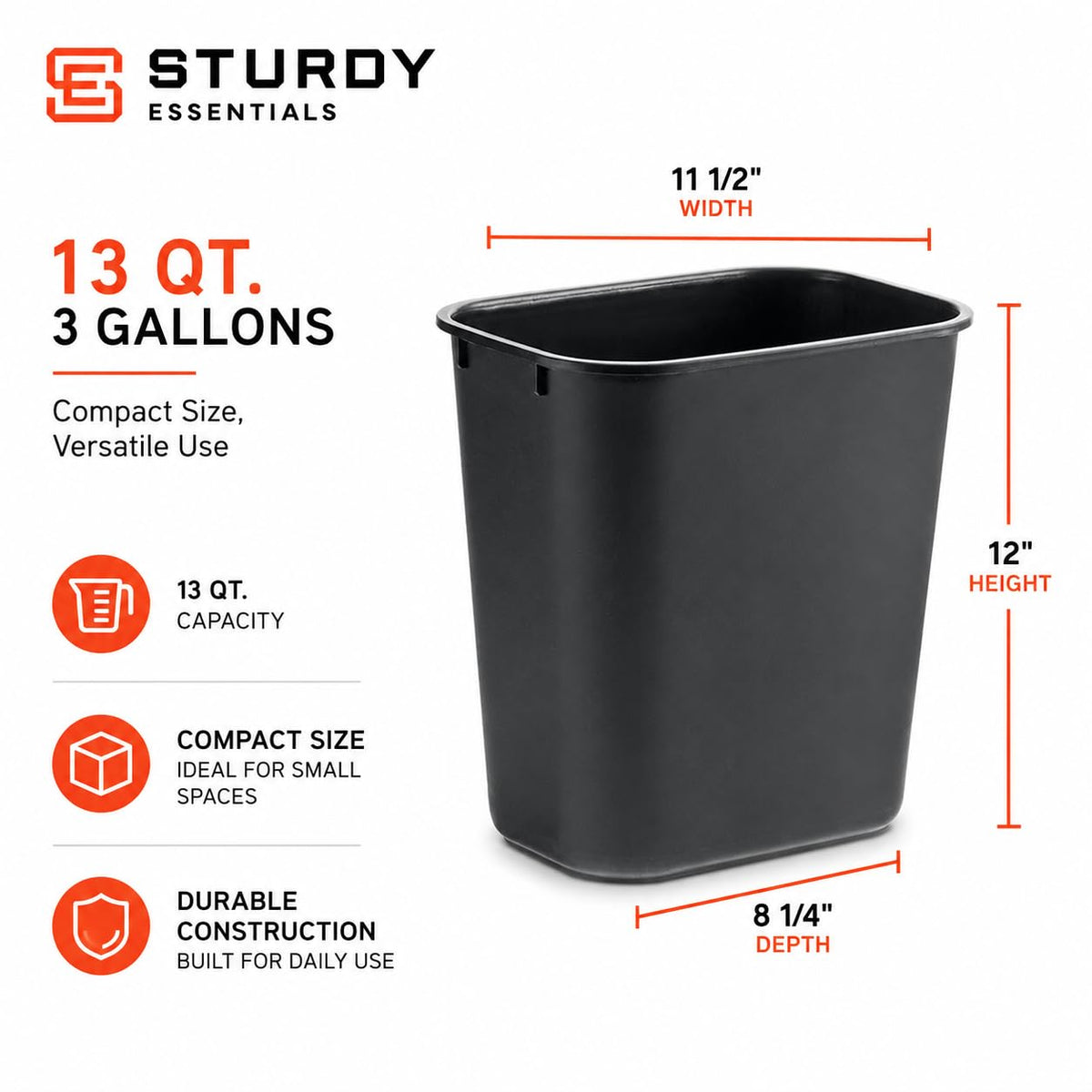 3.5 Gallon Black Wastebasket Under Desk Plastic Trash Can | 2 PACK