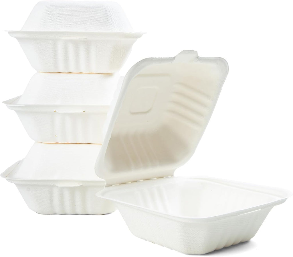 100% Compostable Clamshell Containers - Heavy Duty Disposable Takeout Container [1-Compartment, 6x6x3, 500-Pack] Made