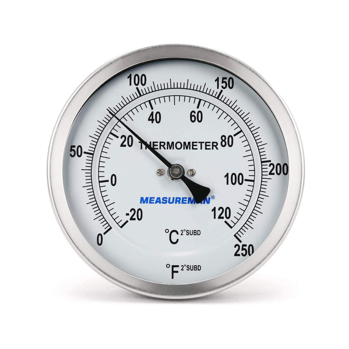 MEASUREMAN Fully Stainless Steel Pot, Kettle, Brewing Bimetal Dial Thermometer, 3" Dial, 6" Stem, 0-250 deg F/-20-120 deg C, -1% Accuracy, Adjustable, 1/2" NPT Back Mount
