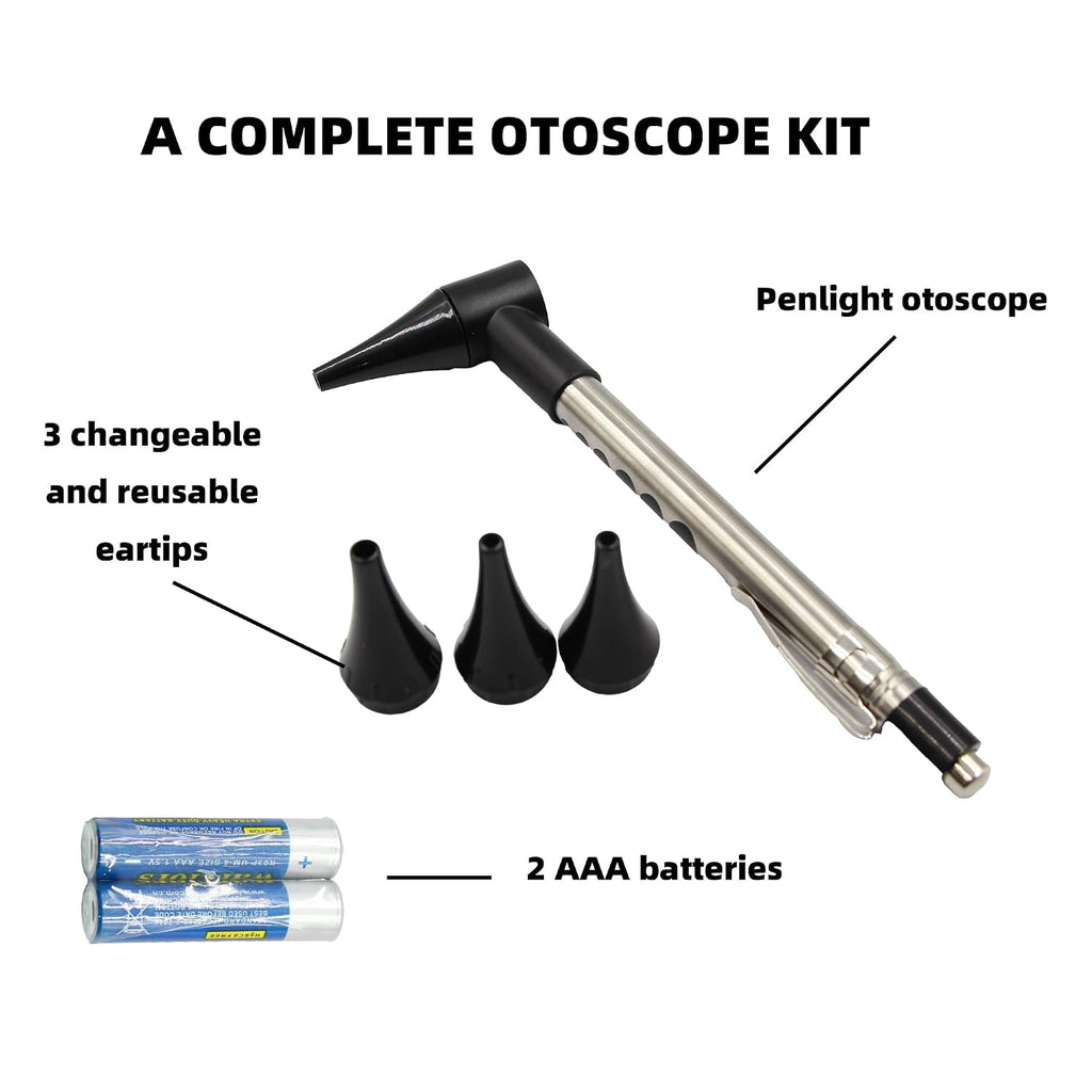 Stainless Steel Mini Diagnostic Otoscope with 3X Magnification, Bright LED Light, Clip and 3 Reusable and