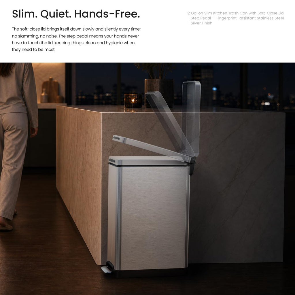 12 Gallon Kitchen Trash Can with Slim Fit Design | Stainless Steel with Soft-Close Step Pedal Lid, Bag Tuck Band for