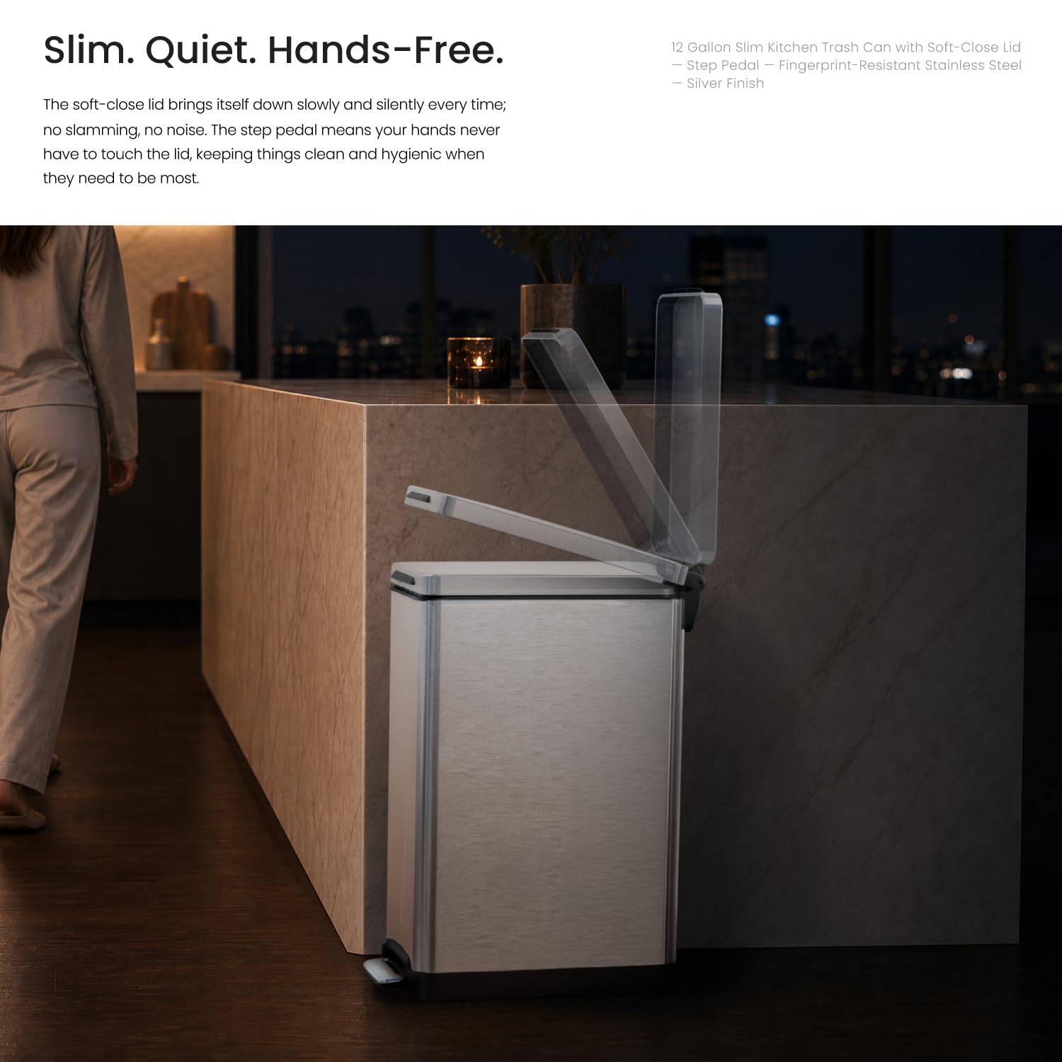 12 Gallon Kitchen Trash Can with Slim Fit Design | Stainless Steel with Soft-Close Step Pedal Lid, Bag Tuck Band for