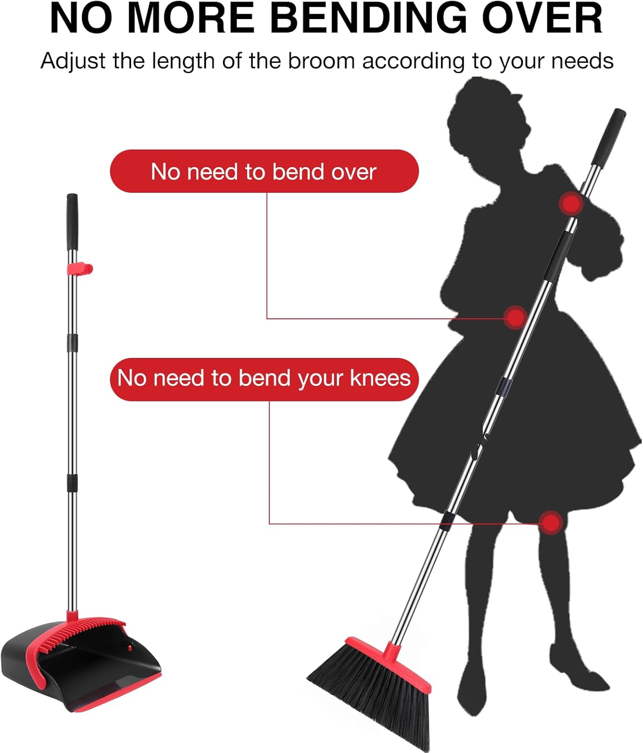 Broom and Dustpan Set, 52-in Long Adjustable Handle Broom Dustpan Combo with Dustpan Teeth to Automatically Clean