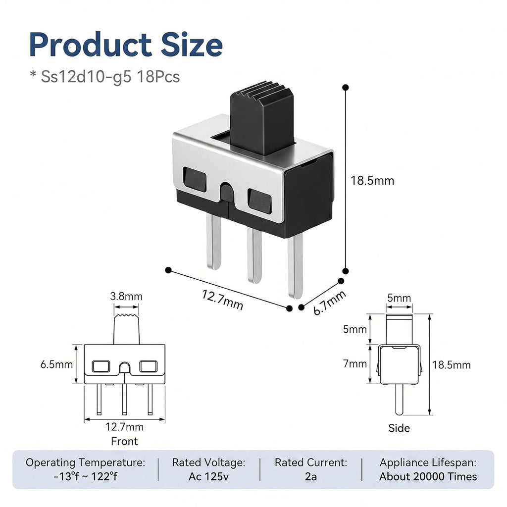 18 Pcs Mini Slide Switch 5mm High Knob Vertical Micro Switches 3 Pin 2 Position 1P2T SPDT Toggle Switch Vertical Panel Mount SS12D10