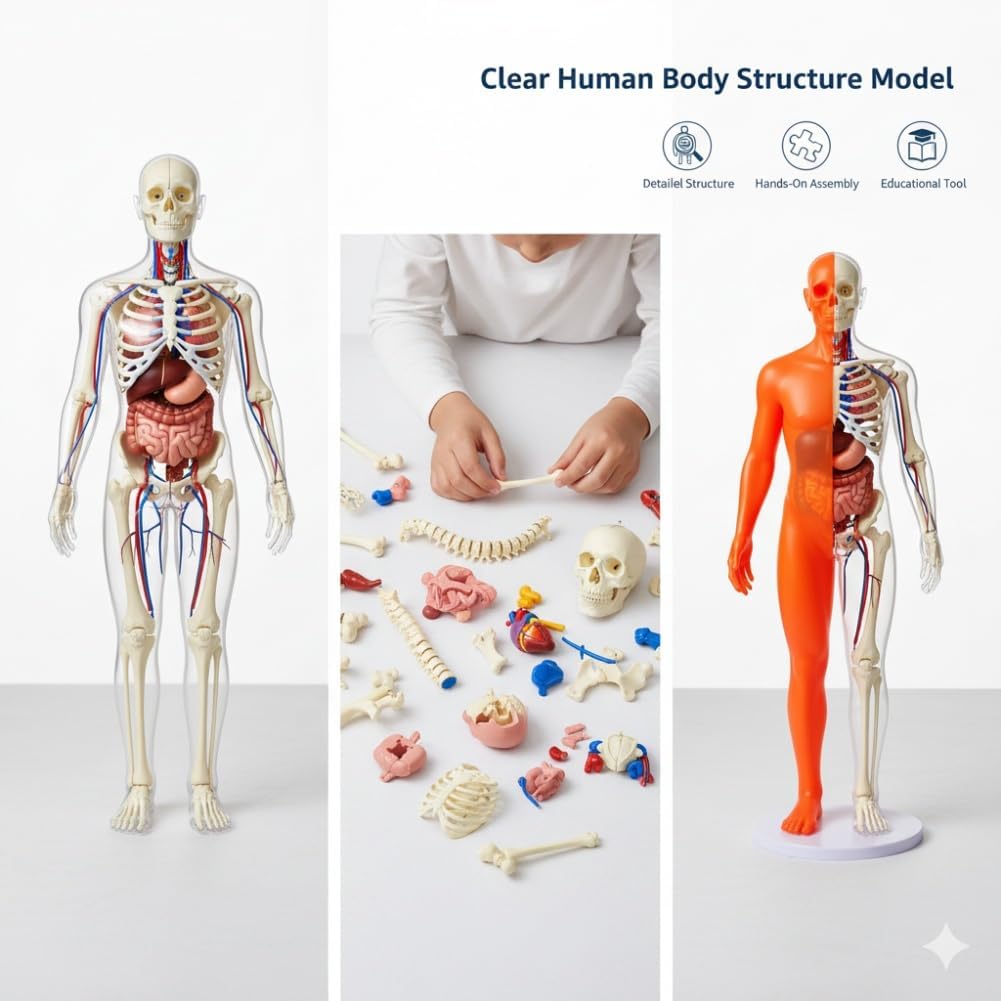 Clear Human Body Structure Model - Max 43-Piece Set, Removable Organs Bones & Transparent, DIY Assembled Human Torso