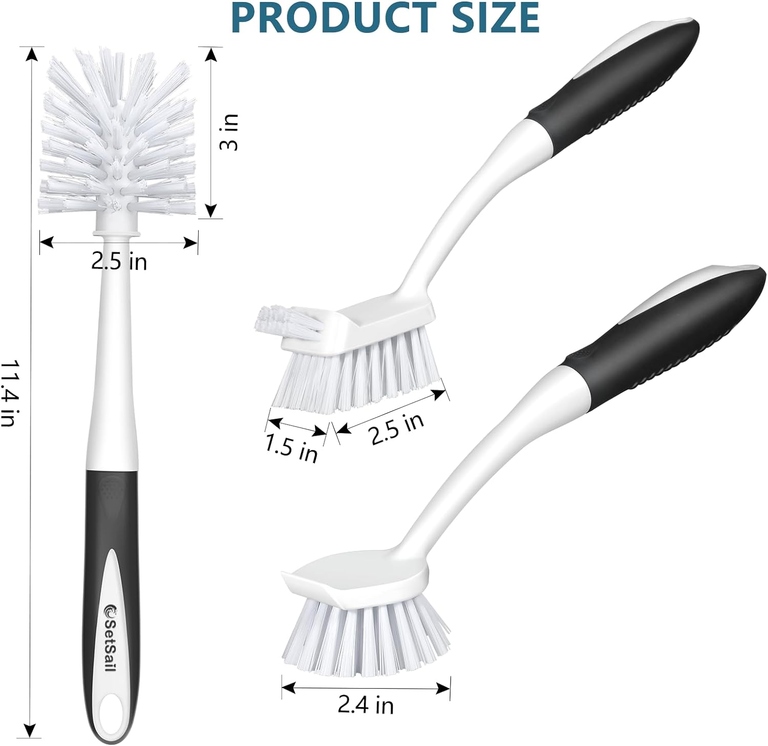 Dish Brush Set of 3 with Bottle Brush, Dish Scrub Brush with Long Handle Deep Cleaning Handle Brush with Scraper Tip