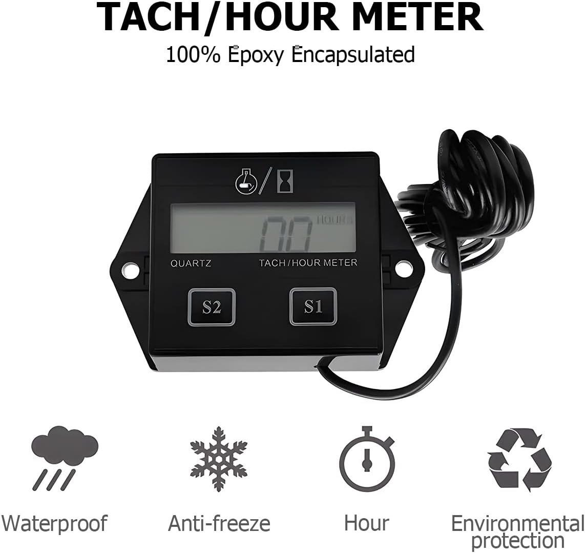 Moly Magnolia Small Engine Tachometer Hour Meter, 0-25000 RPM Inductive
