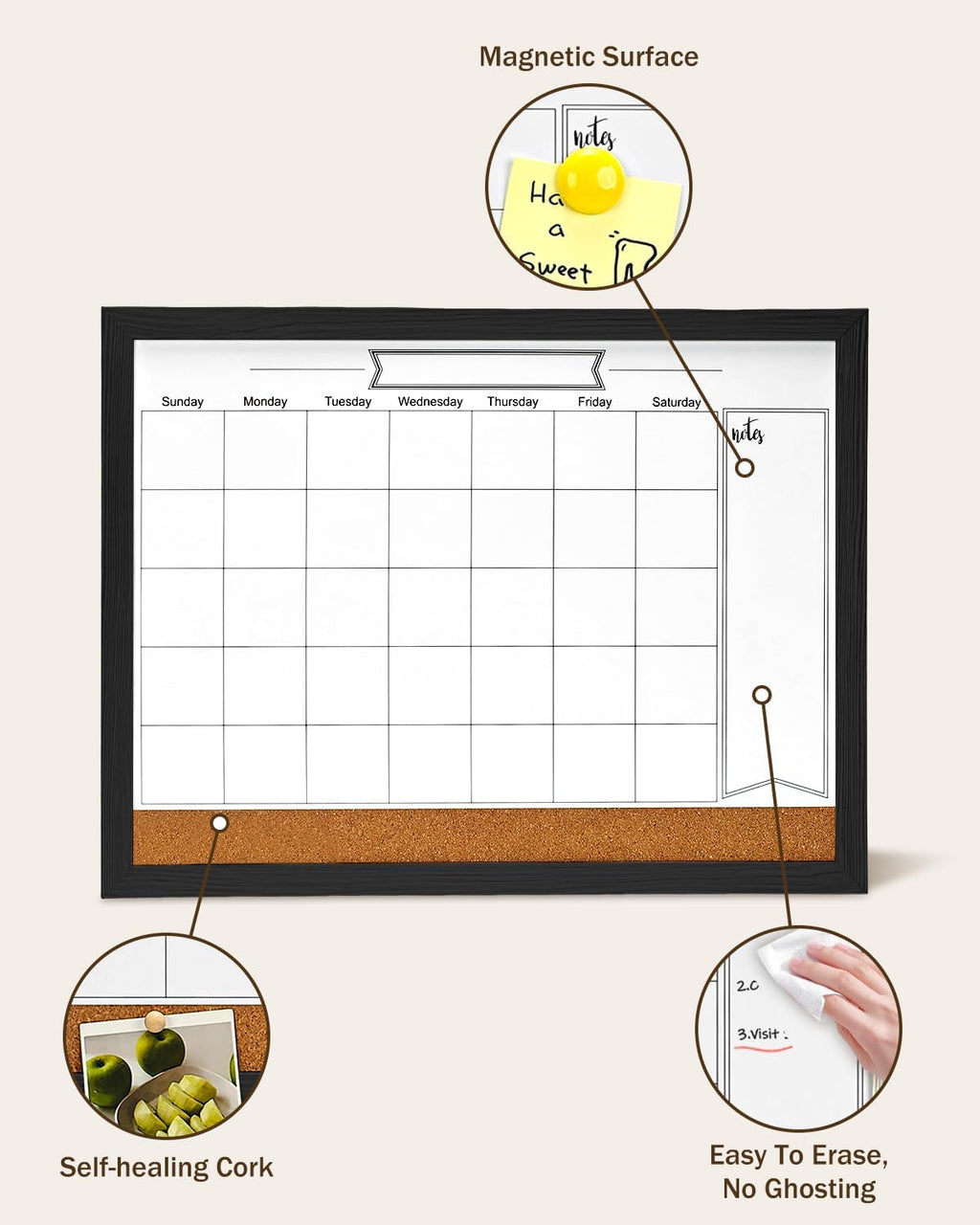Dry Erase Calendar Whiteboard for Wall, Magnetic 13" x 17" Combination Dry Erase Board & Bulletin Board, 2in1 White