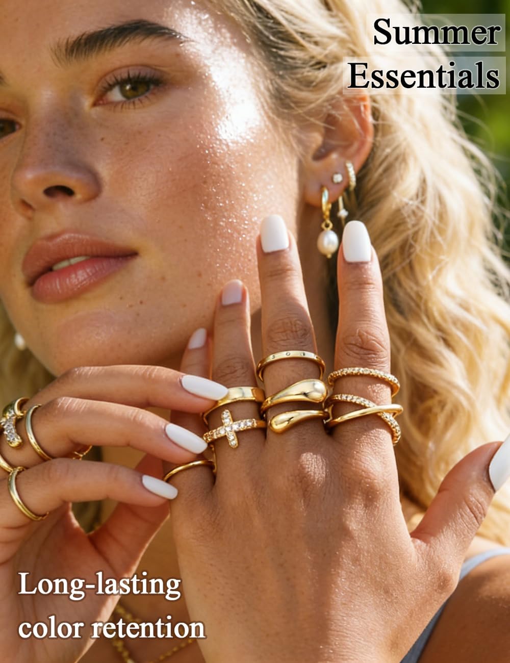 Non Tarnish Chunky Gold Rings for Women, 14K Gold Plated Dainty Stackable Cross Cubic Zirconia Ring Set, Knuckle