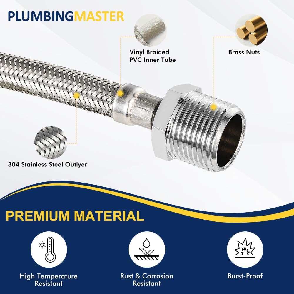 8 Inch Flexible Toilet Connector Extension, 7/8 female x 7/8 male Hose Adapter, Stainless Steel Braided Hose to