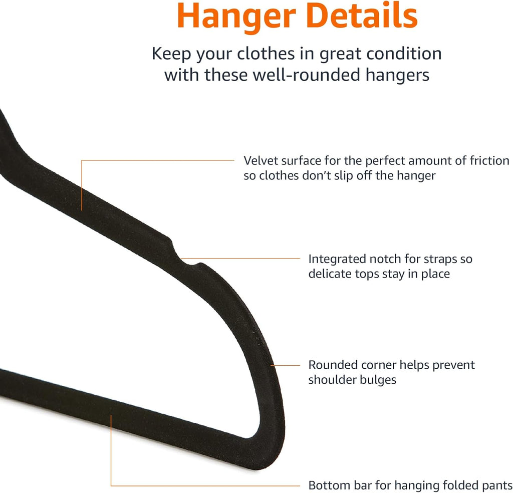 Slim Velvet Non-Slip Space Saving Suit Clothes Hangers, Closet Organizer, Black, 50-Pack