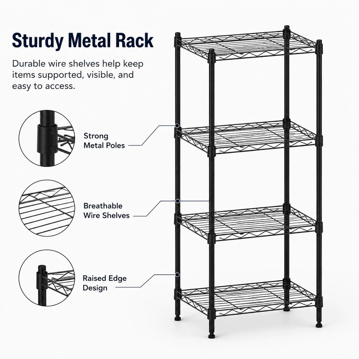 4 Tier Storage Shelves, Metal Wire Shelving Unit, Heavy Duty Adjustable Shelf Rack for Pantry, Kitchen, Garage and