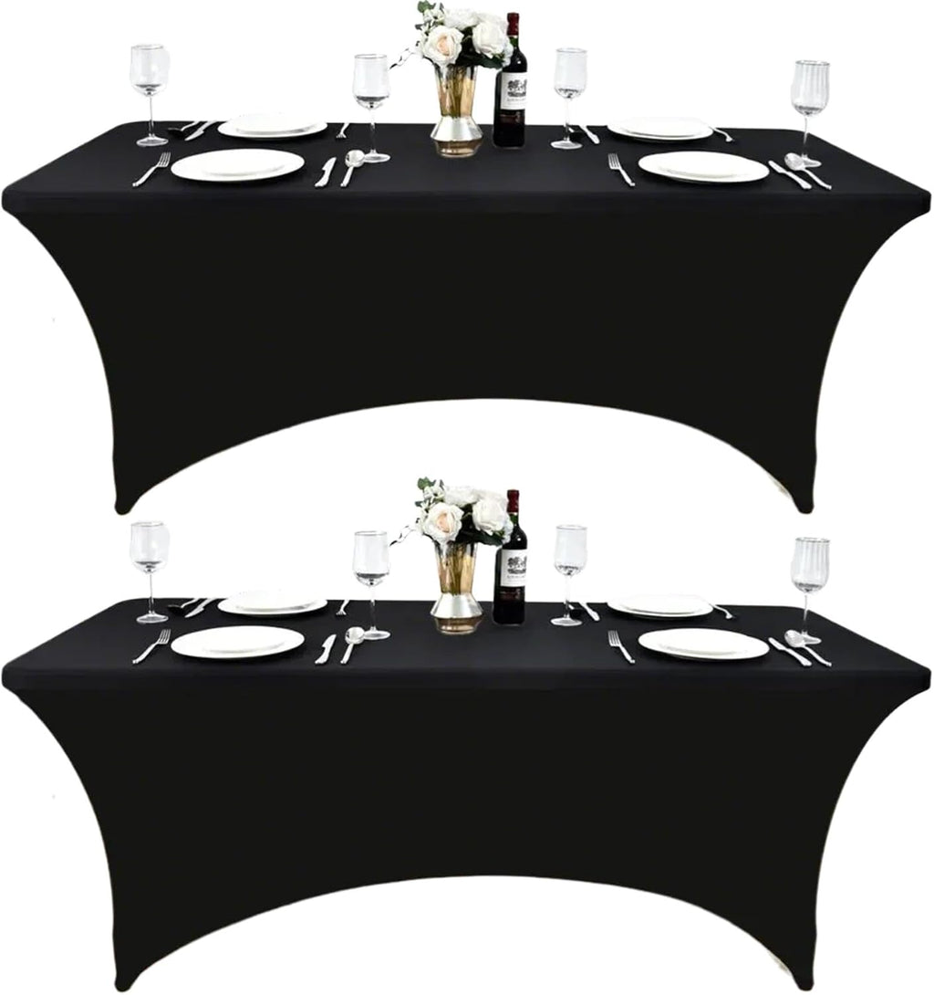 2-Pack 6ft Black Spandex Table Covers for Rectangle Standard Folding Tables - Wrinkle Resistant Stretch Tablecloths