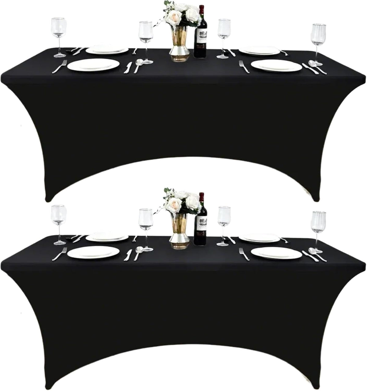 2-Pack 6ft Black Spandex Table Covers for Rectangle Standard Folding Tables - Wrinkle Resistant Stretch Tablecloths