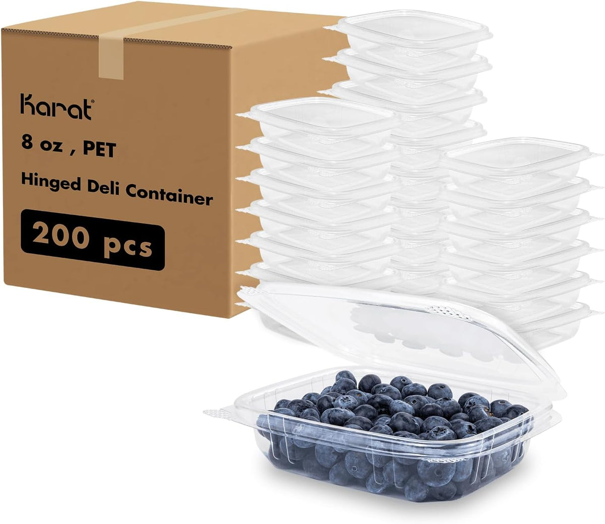 8 oz Clear Plastic Clamshell Containers with Hinged Lids, 200ct