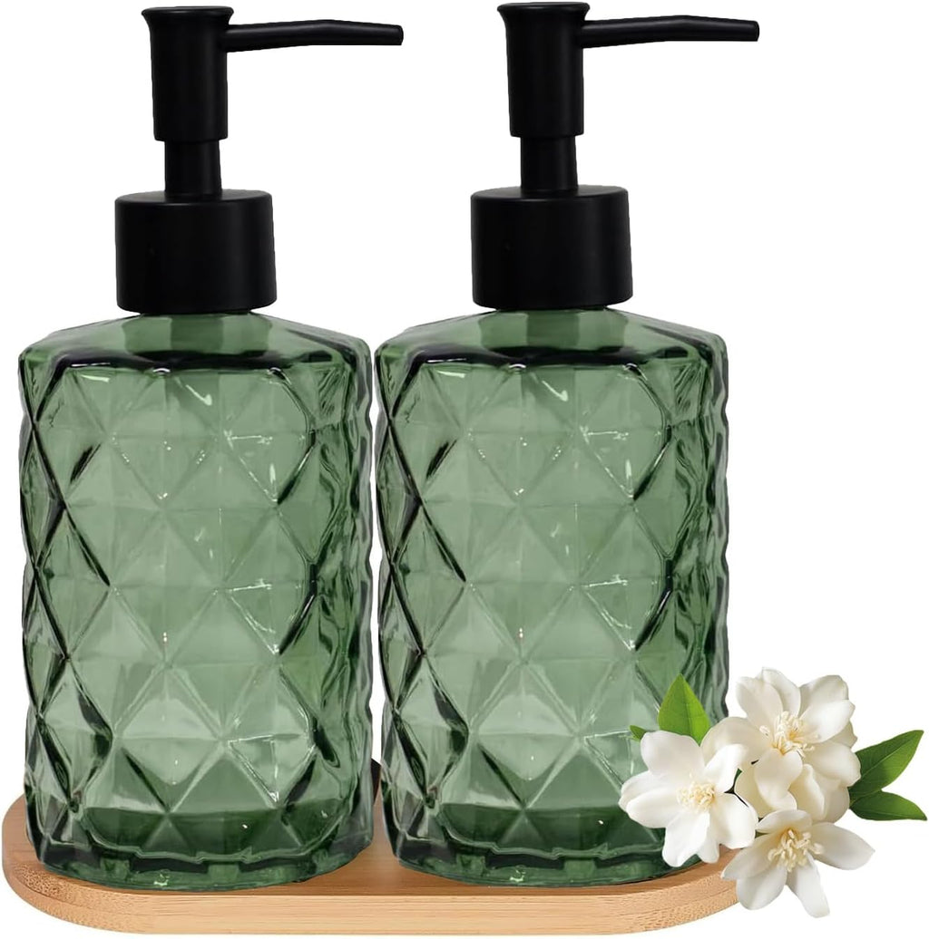 12oz Green Glass Hand and Dish Soap Dispenser Set, Diamond Design, Set of 2 | Bathroom Soap Dispenser with Plastic