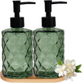 12oz Green Glass Hand and Dish Soap Dispenser Set, Diamond Design, Set of 2 | Bathroom Soap Dispenser with Plastic