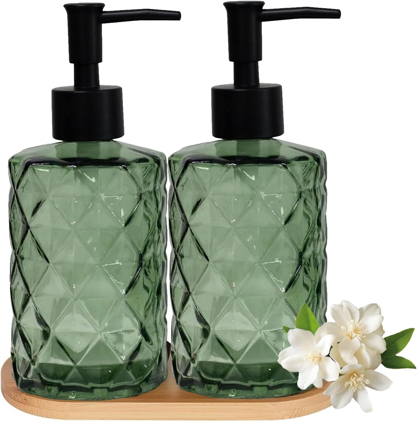 12oz Green Glass Hand and Dish Soap Dispenser Set, Diamond Design, Set of 2 | Bathroom Soap Dispenser with Plastic