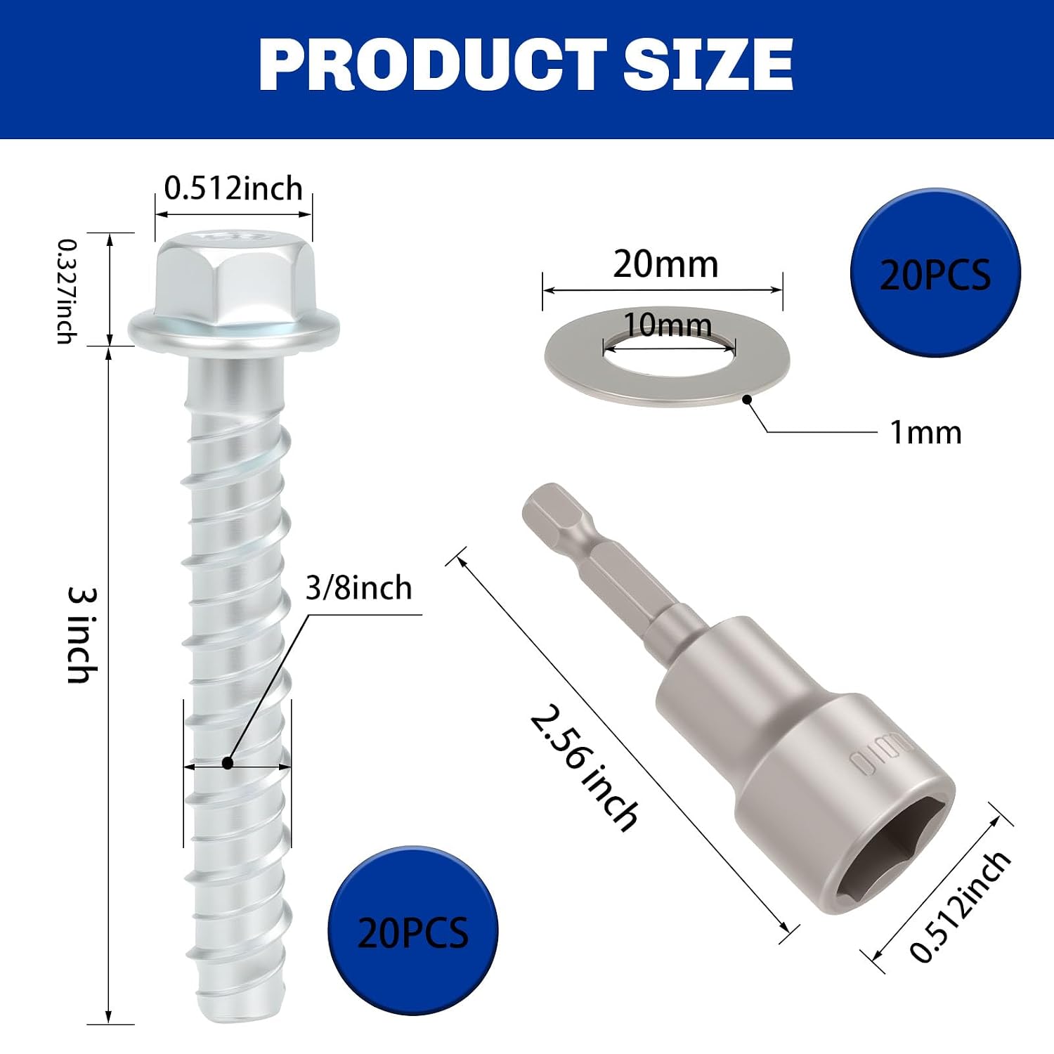 Galvanized Concrete Screws, 3/8" x 3" -20PCS Masonry Screws for Concrete, Hexagon Head Anchor Bolts for Concrete and