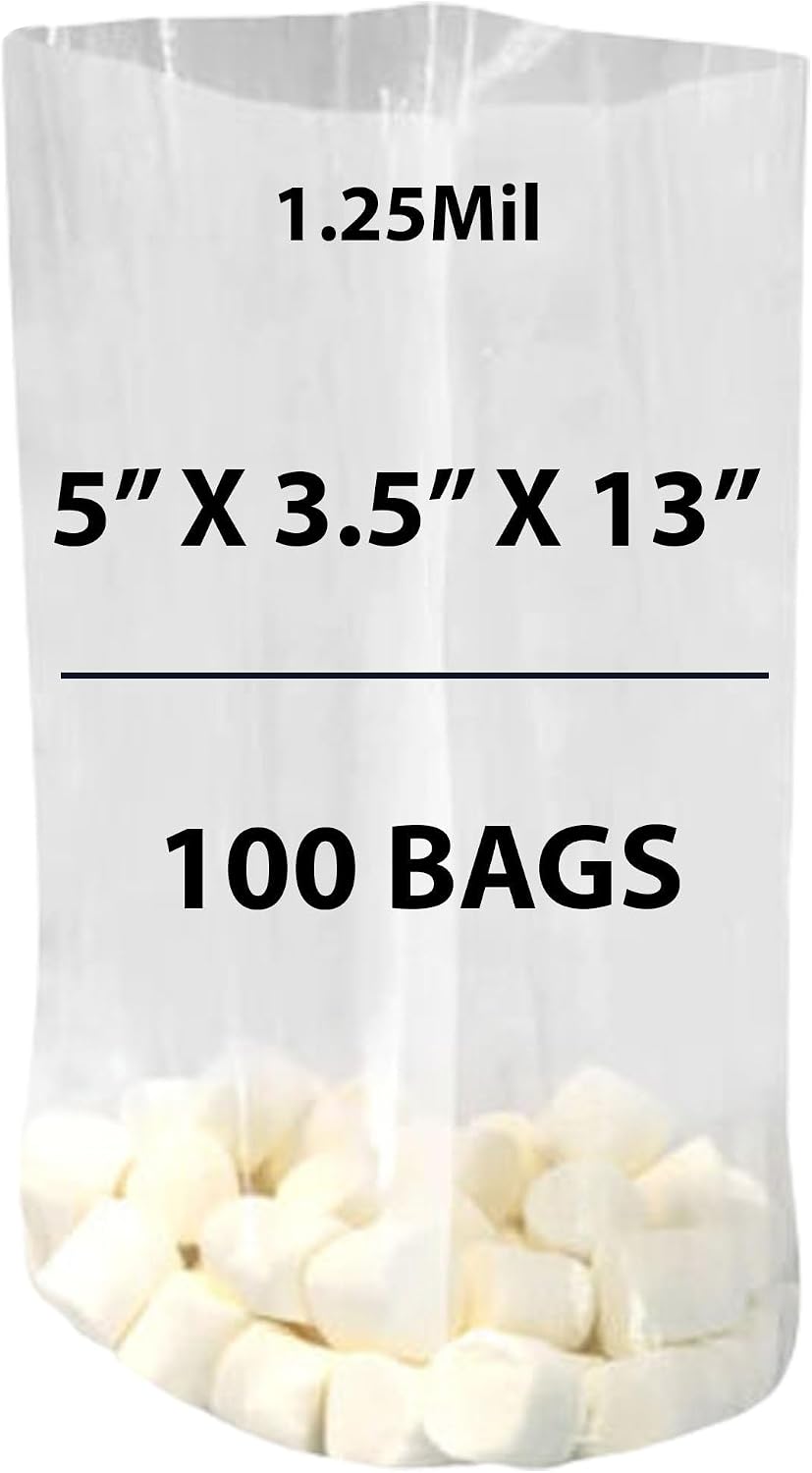 Gusseted Plastic Poly Bag - 5x3.5x13 & (100 Bags) 1.25Mil | Heat Sealable | Durable Open Top Clear Plastic Bags with
