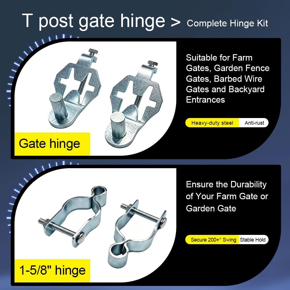 T Post Gate Hinge Kit, 2-Pack Heavy Duty Hot-Dip Galvanized Steel Hinge Pins with 1-5/8" Female Hinges, 200 Degree