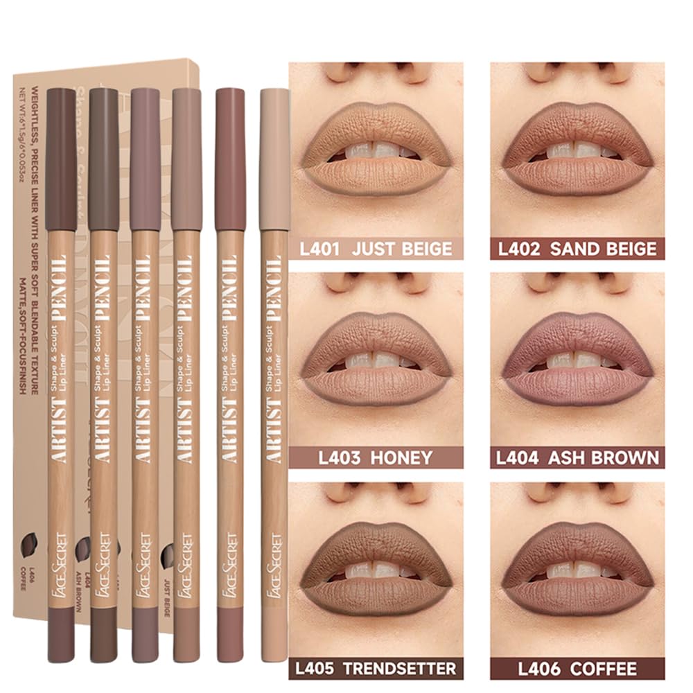 6pcs Nude Brown Lip Liner Makeup Set - Waterproof & Smudge-Proof Matte Pencil, Long-Lasting & Durable, Smooth & Easy