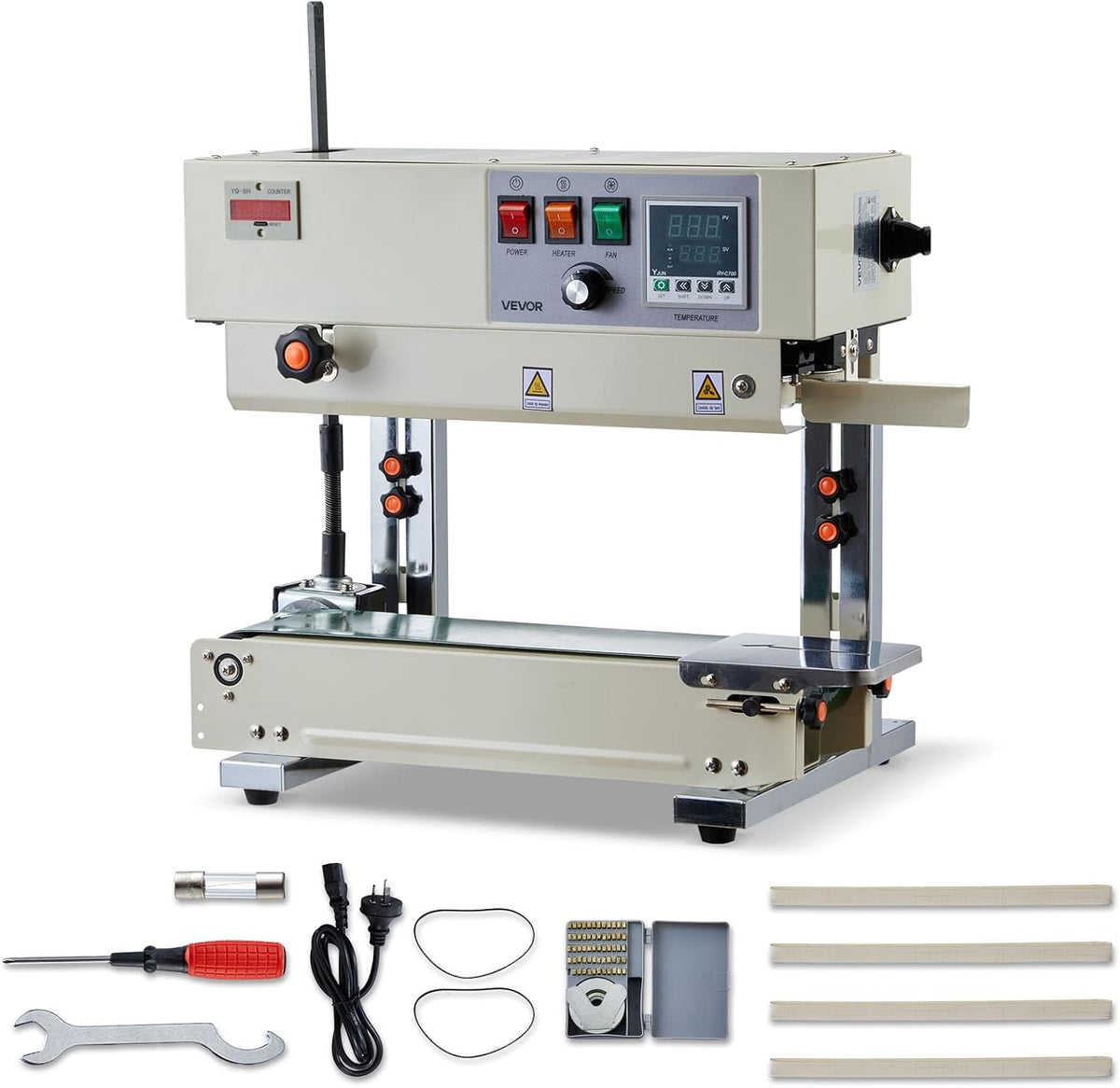 Continuous Bag Band Sealing Machine, 0.24-0.47 in Seal Width, Vertical Band Sealer Machine with Roller Printing, Temp