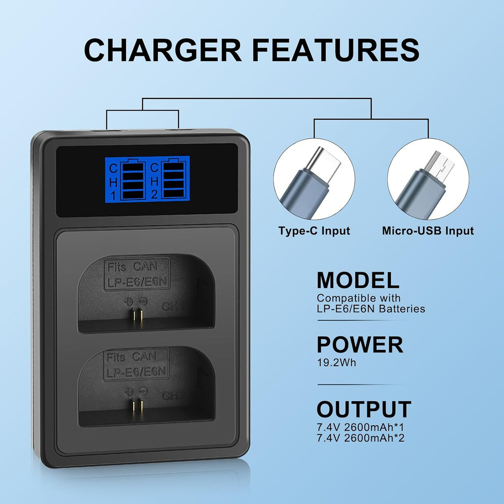 2600mAh 2-Pack of LP-E6 Batteries and Dual Battery Charger Replacement LP-E6 LP-E6N for Canon EOS R R5 R6 R7 60D