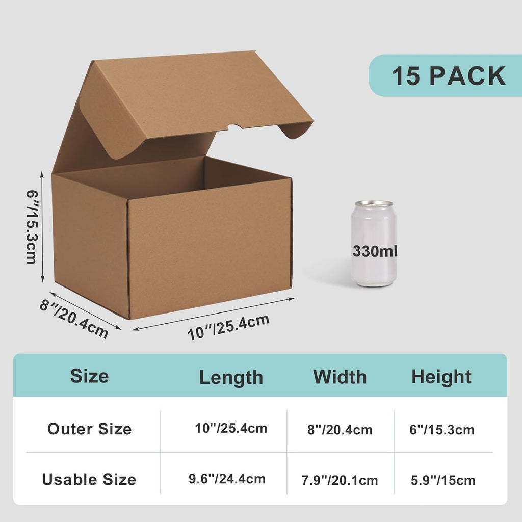10x8x6 Shipping Boxes, 15 Pack Brown Kraft Folding Mailer Boxes, 3-Ply Corrugated Cardboard Box Mailers for Small