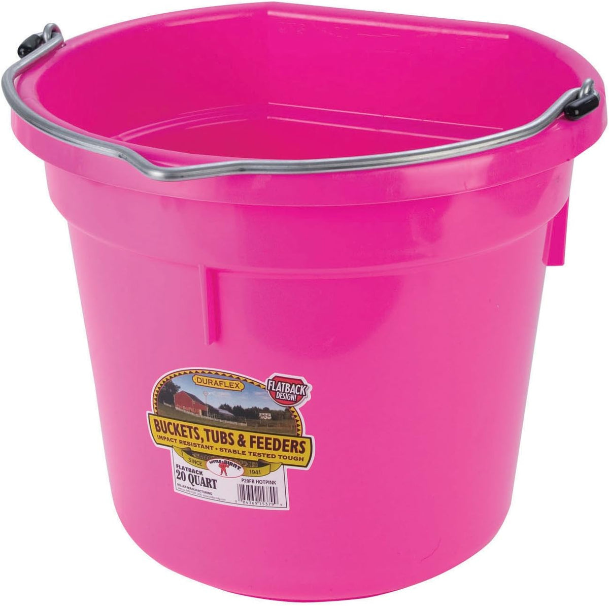 Plastic Animal Feed Bucket (Hot Pink) Flat Back Plastic Feed Bucket with Metal Handle (20 Quarts / 5 Gallons) (Item