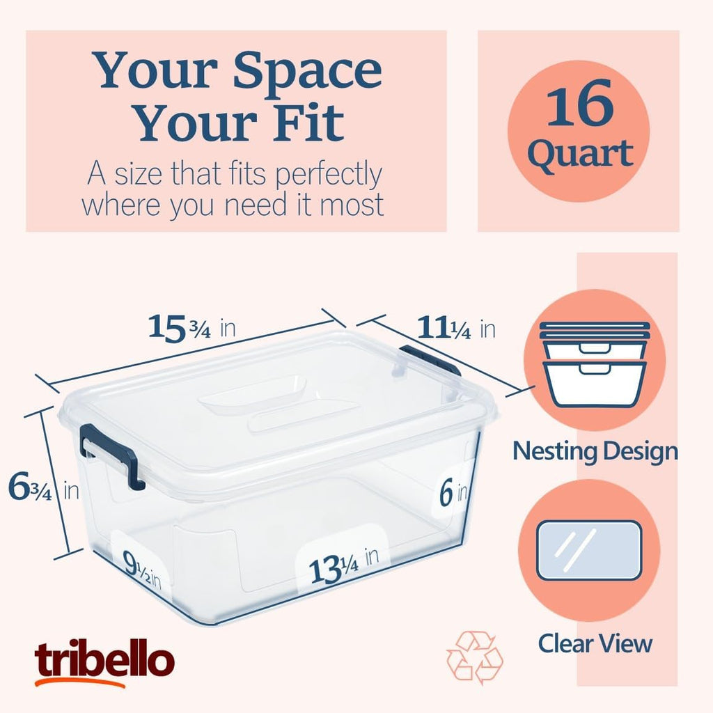 Plastic Storage Bins with Lids, Clear Stackable Storage Containers - 16 Qt - 2 Pack