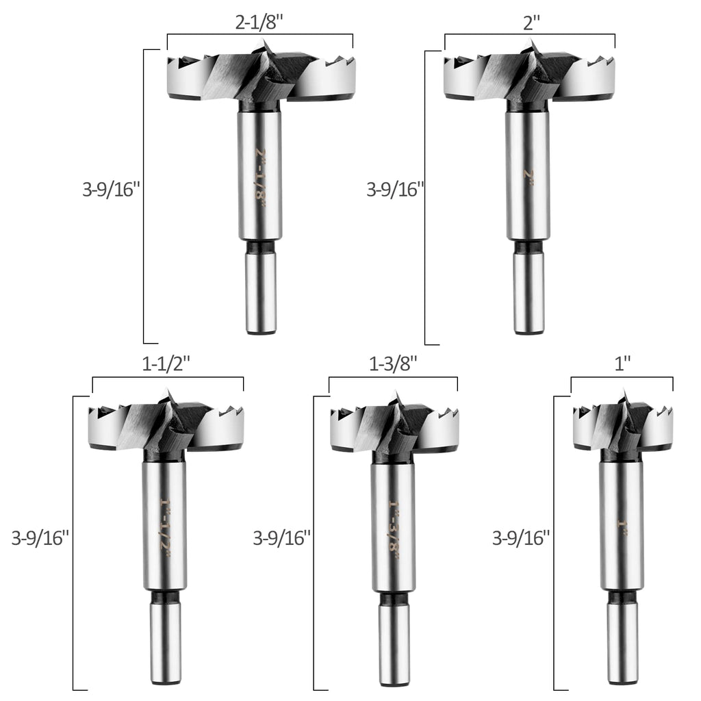 Forstner Bit Set 5Pcs - Forstner Bits for Wood, Wood Drilling with Round Shank, Drill Accessories, Size 1", 1-3/8"