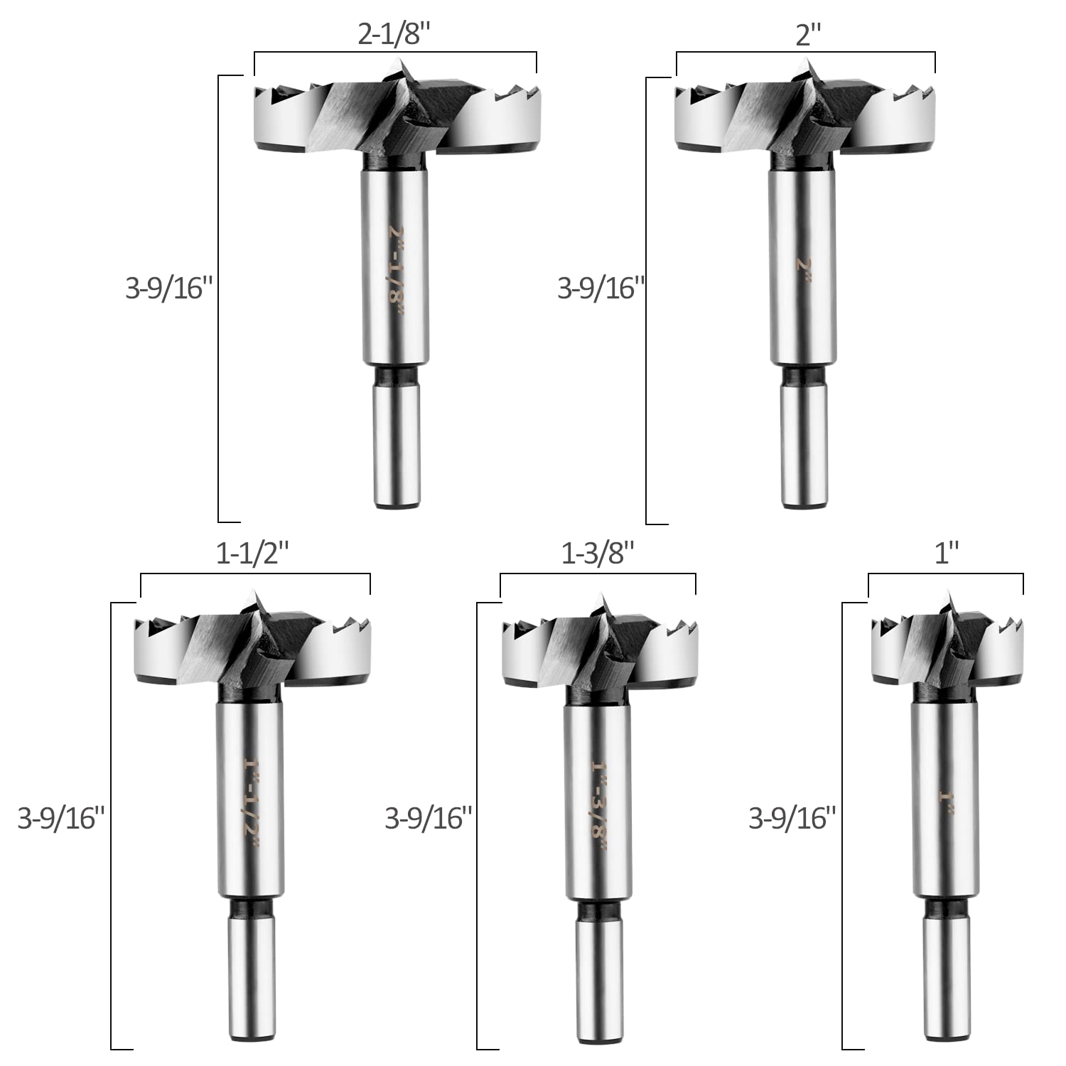 Forstner Bit Set 5Pcs - Forstner Bits for Wood, Wood Drilling with Round Shank, Drill Accessories, Size 1", 1-3/8"