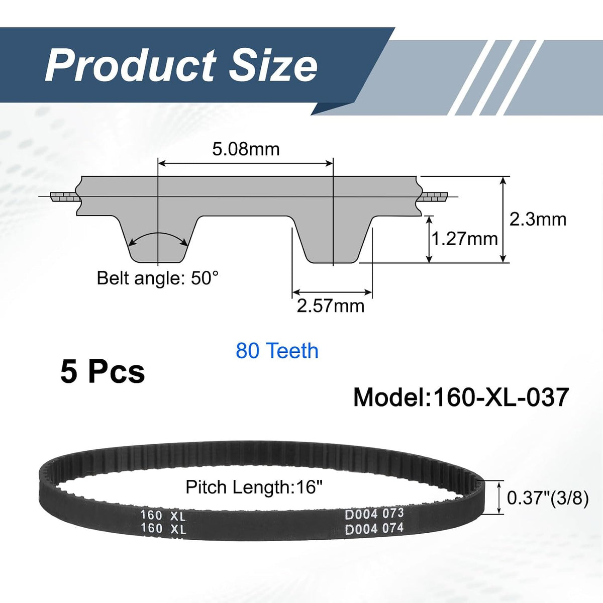 uxcell 5pcs 160XL 037 Timing Belt 80 Teeth Rubber Geared Cogged Belt, 0.37" Width, 0.20" Pitch Mechanical Replacement Belts