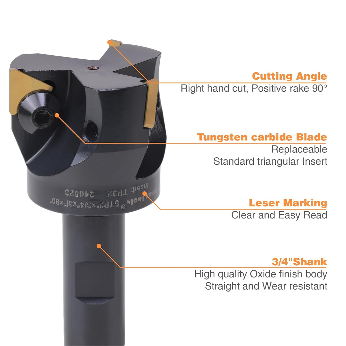 3/4" Shank Indexable End Mill, 2" Cutting Diameter with 3 Pcs Replaceable Carbide Inserts