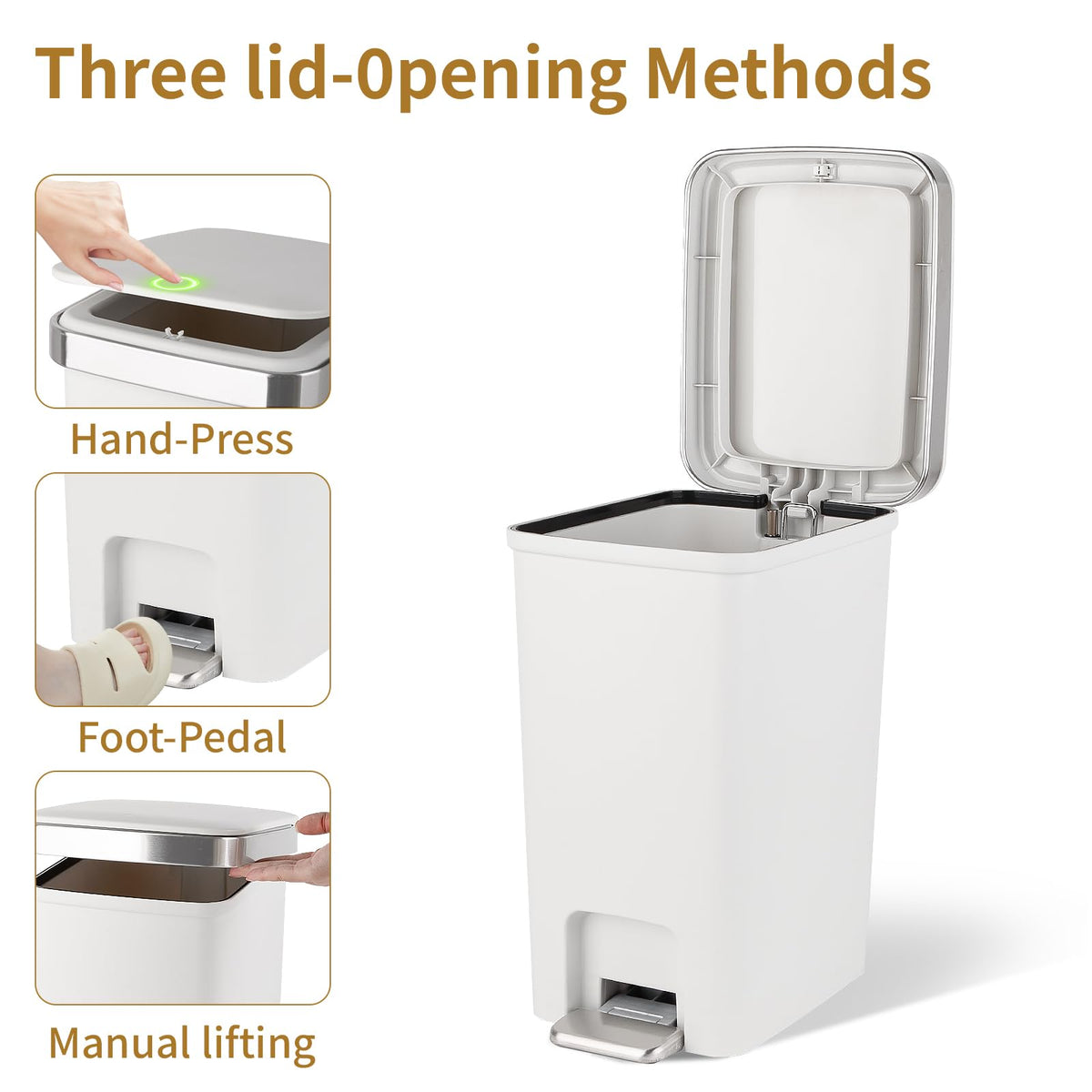 Small Bathroom Trash Can with Lid Step Pedal, 2.6 Gallon, White