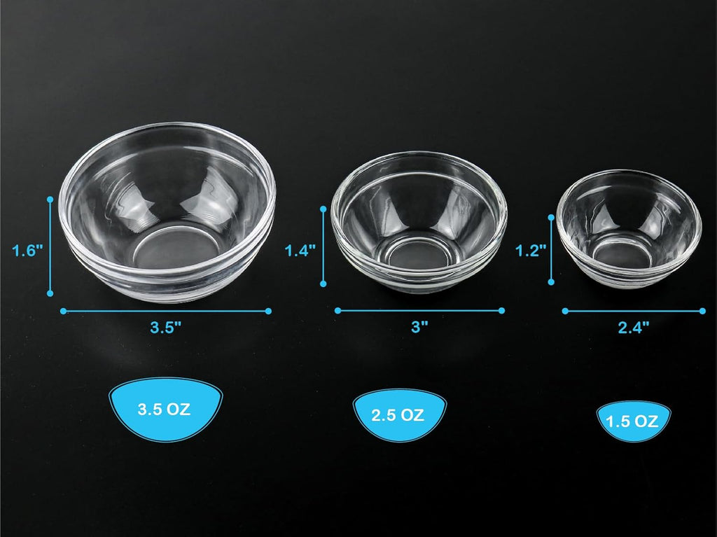 3 Sizes of Glass Prep Bowl Sets, Clear Small Pinch Bowls for Salt, Spices and Chopped Ingredients, 1.5oz/2.5oz/3.5oz