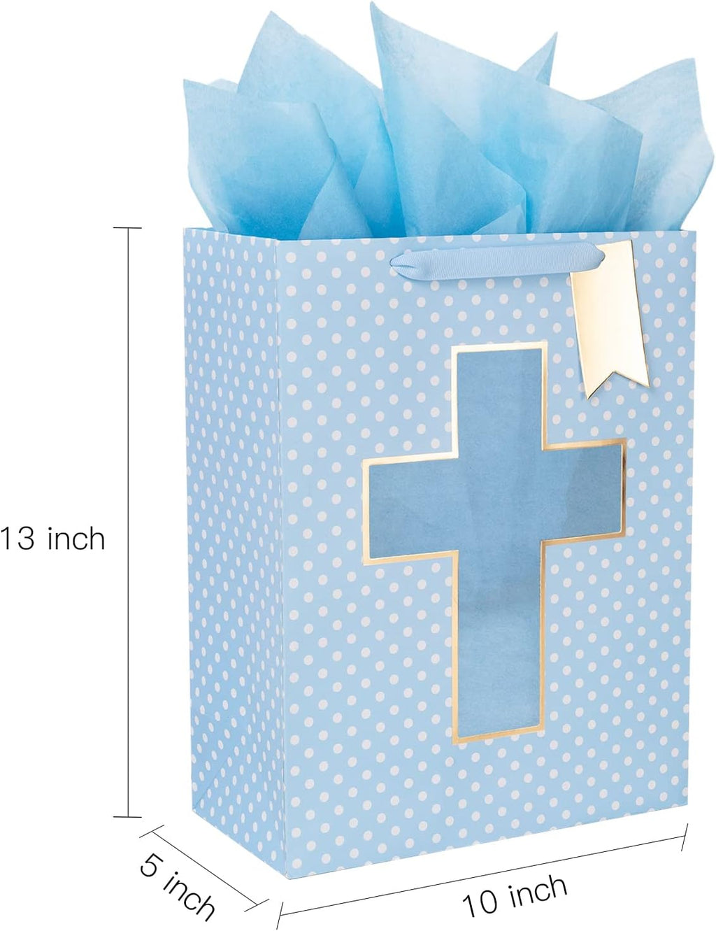 Blue Gift Bag with Cross Design, Tissue Paper for Baby Boy Baptisms, Christenings, First Communions Religious