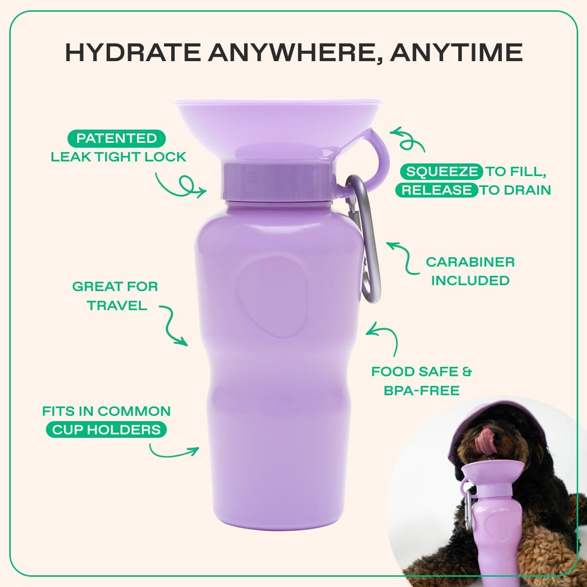 Springland 22oz Classic Portable Dog Water Bottle with Built-in Bowl, Lilac